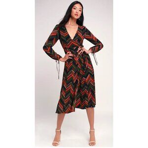 Lulu's Martini Moment Medium Olive Green Multi Print Long Sleeve Midi Dress EUC